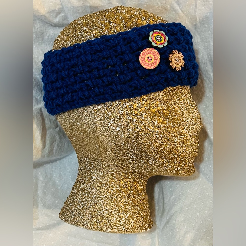Blue crocheted headband ear warmer with vintage decorative wooden buttons